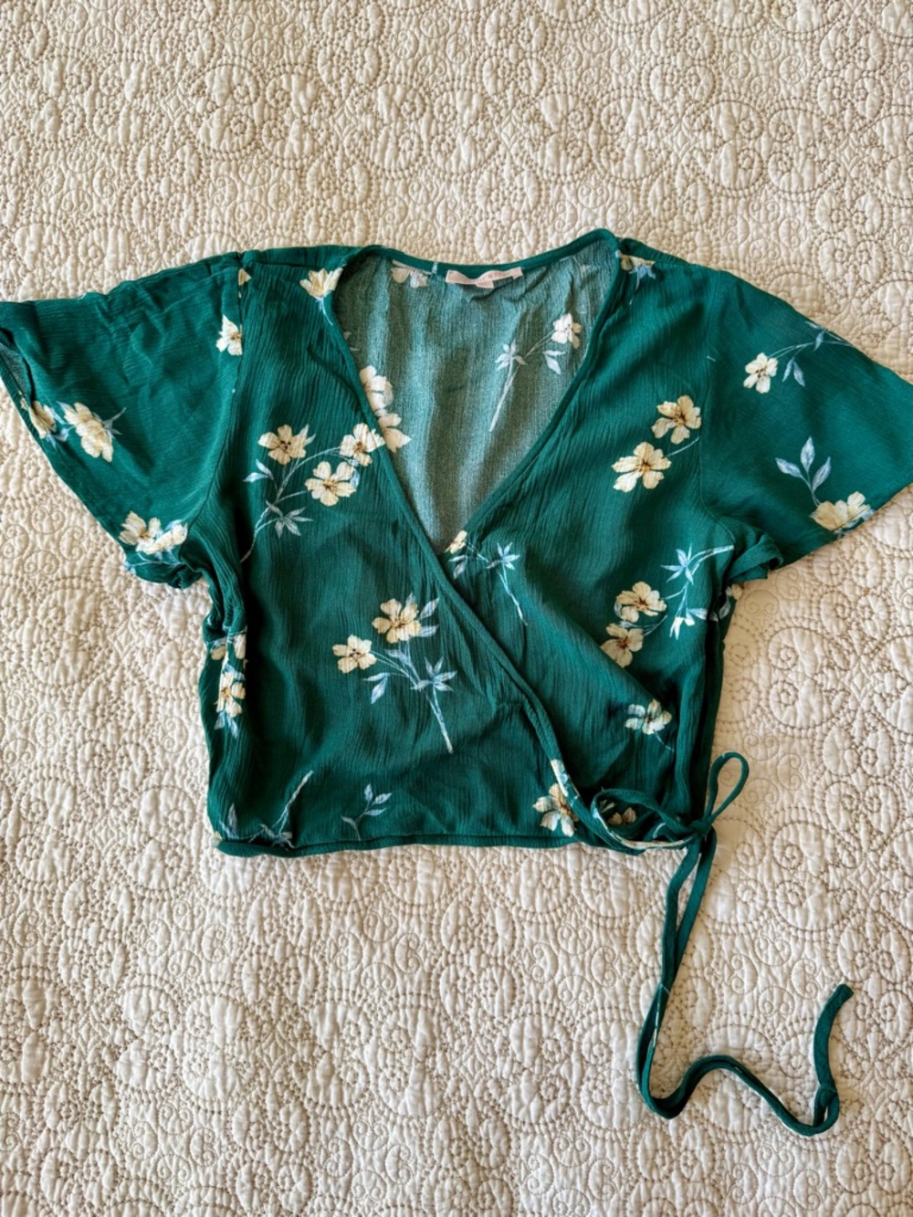 Emerald Green Floral Tie-Waist Crop Top